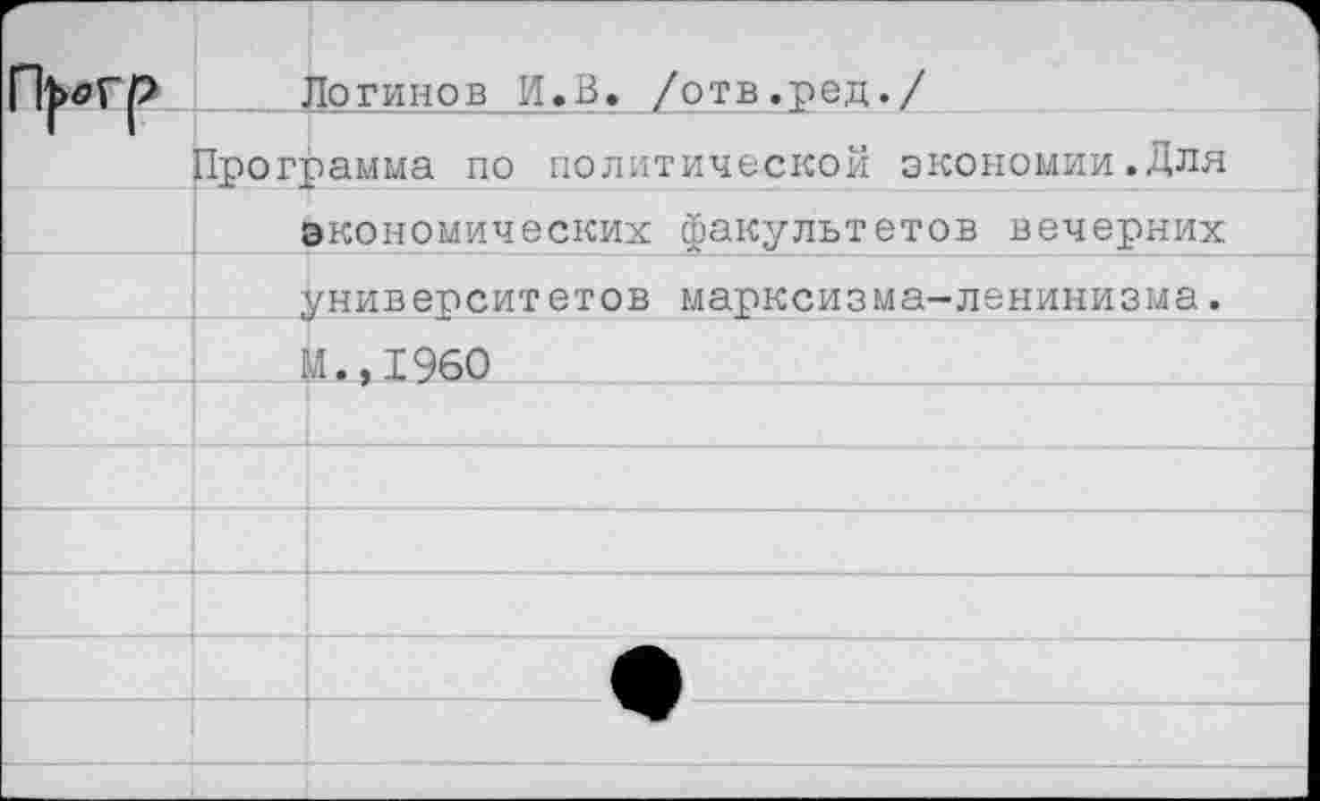 ﻿П^гр		Логинов И.В. /отв.ред./
Г 1	Программа по политической экономии.Для	
		экономических факультетов вечерних
		университетов марксизма-ленинизма.
	и	Л.,1960
		
		
		
		
		
		
		